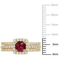 Lab Created Ruby and White Sapphire Bridal Ring Set Yellow Plated Sterling Silver