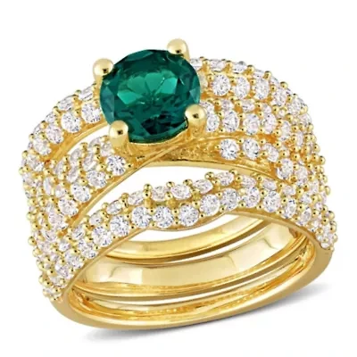 Lab Created Emerald and White Sapphire Bridal Ring Set Yellow Plated Sterling Silver