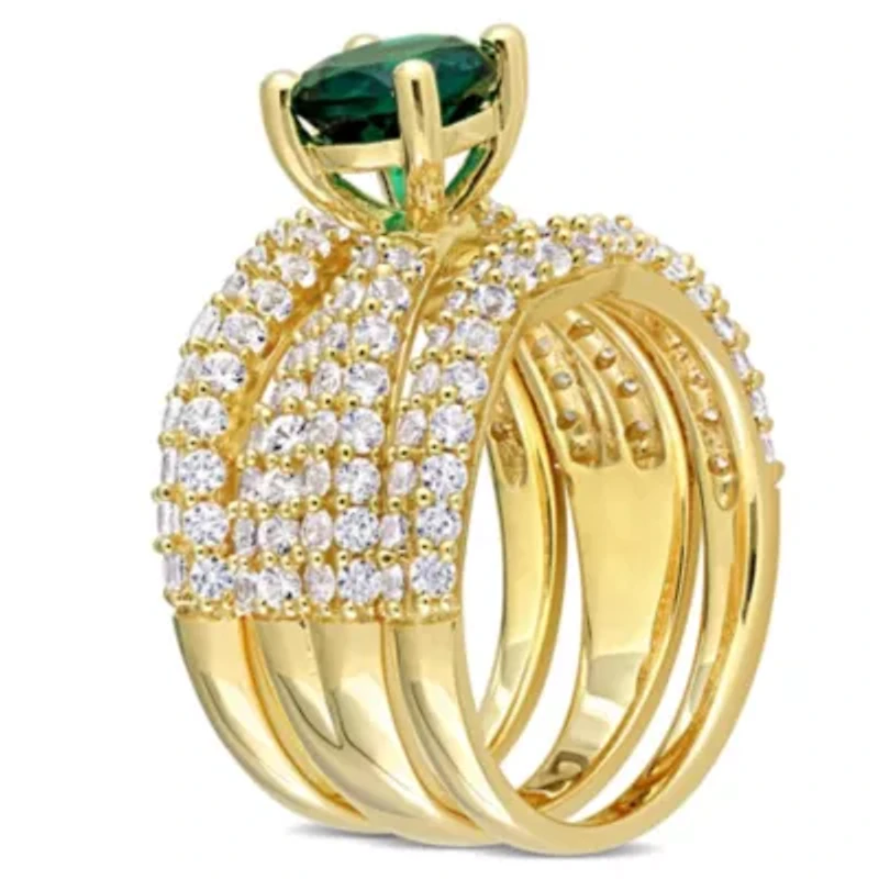 Lab Created Emerald and White Sapphire Bridal Ring Set Yellow Plated Sterling Silver