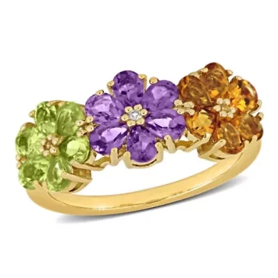 Amethyst, Citrine, Peridot and White Topaz Floral Ring Yellow Plated Sterling Silver