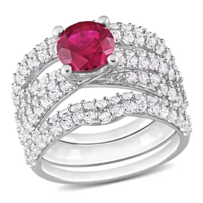 Lab Created Ruby and White Sapphire Bridal Ring Set Sterling Silver