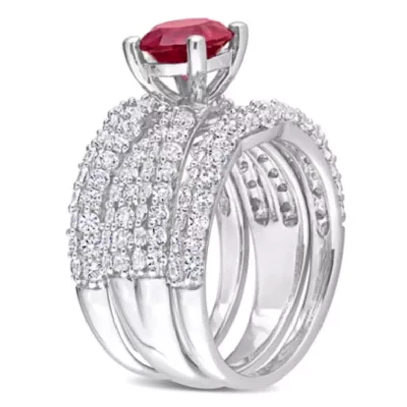 Lab Created Ruby and White Sapphire Bridal Ring Set Sterling Silver