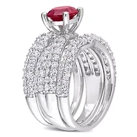 Lab Created Ruby and White Sapphire Bridal Ring Set Sterling Silver