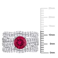 Lab Created Ruby and White Sapphire Bridal Ring Set Sterling Silver