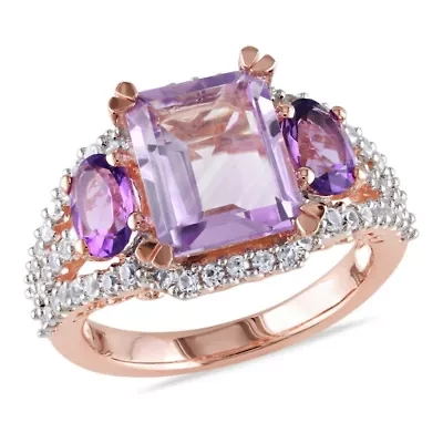 Lab Created Rose de France, Amethyst and White Sapphire 3-Stone Ring Plated Sterling Silver
