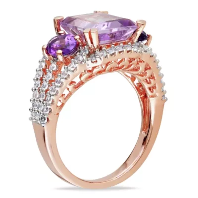 Lab Created Rose de France, Amethyst and White Sapphire 3-Stone Ring Plated Sterling Silver
