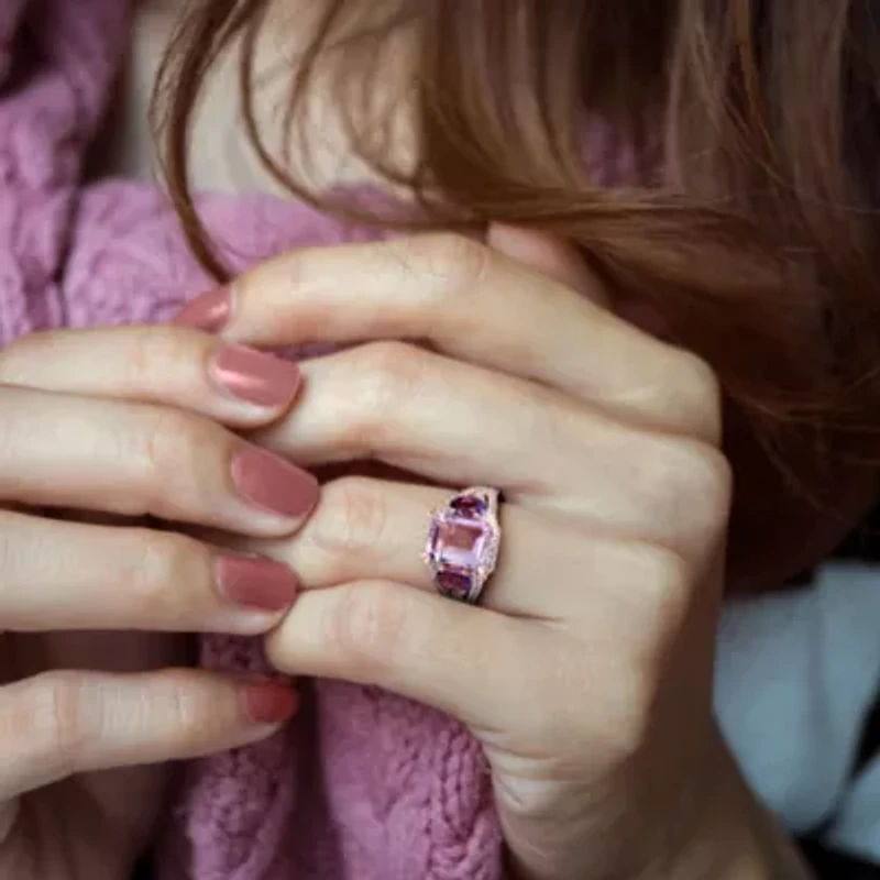 Lab Created Rose de France, Amethyst and White Sapphire 3-Stone Ring Plated Sterling Silver
