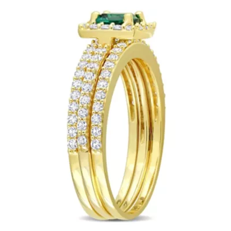 Lab Created Emerald and White Sapphire Bridal Ring Set Yellow Plated Sterling Silver