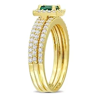 Lab Created Emerald and White Sapphire Bridal Ring Set Yellow Plated Sterling Silver