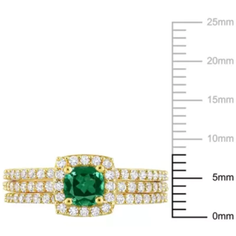 Lab Created Emerald and White Sapphire Bridal Ring Set Yellow Plated Sterling Silver