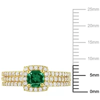 Lab Created Emerald and White Sapphire Bridal Ring Set Yellow Plated Sterling Silver