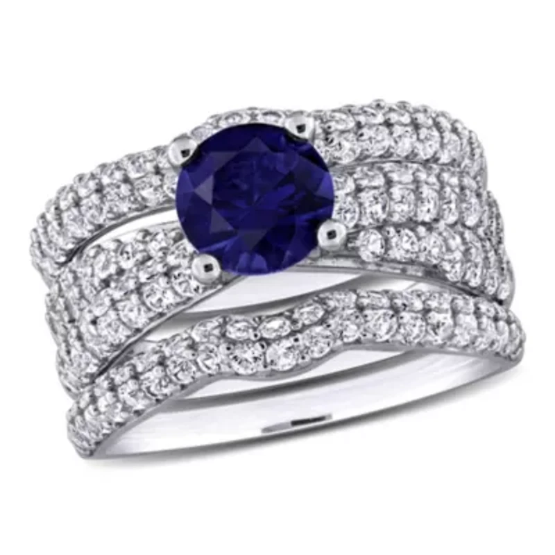 Lab Created Blue Sapphire and White Bridal Ring Set Sterling Silver