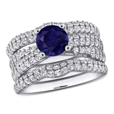 Lab Created Blue Sapphire and White Bridal Ring Set Sterling Silver