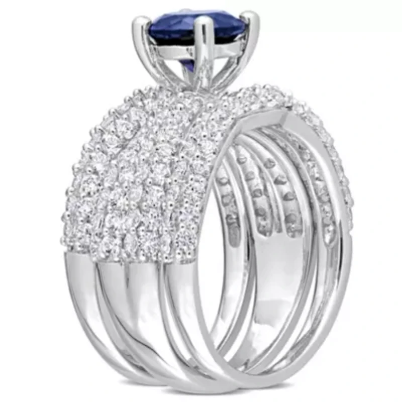 Lab Created Blue Sapphire and White Bridal Ring Set Sterling Silver