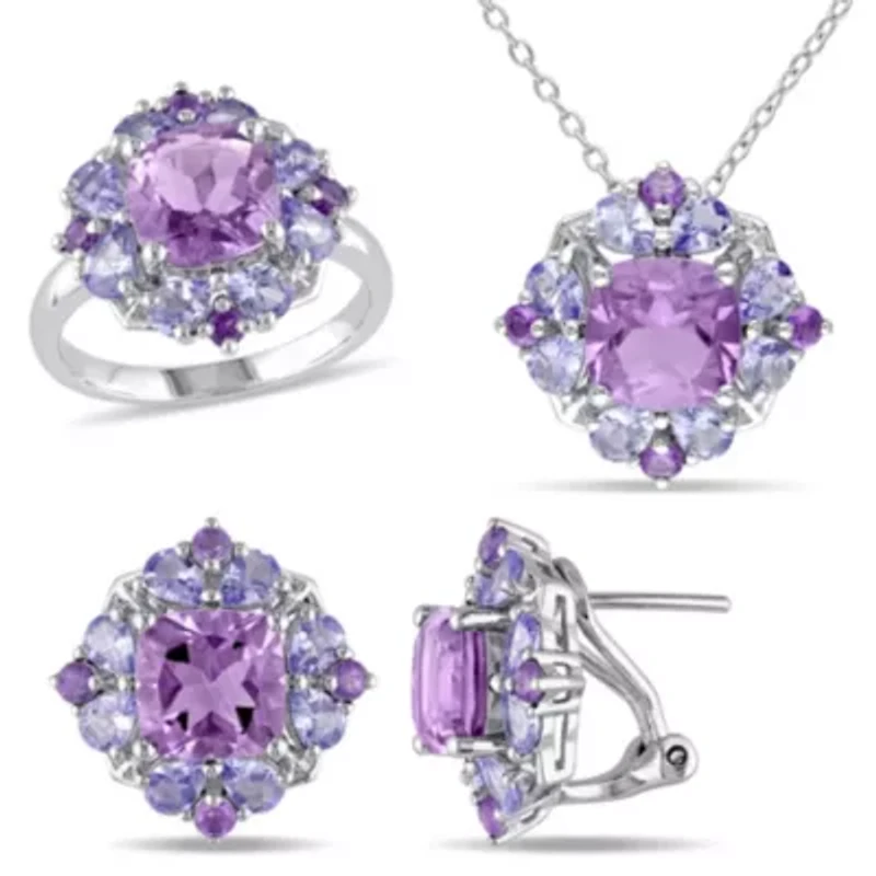 3-Pc Set of Amethyst & Tanzanite Cluster Ring, Earrings Pendant with Chain Sterling Silver