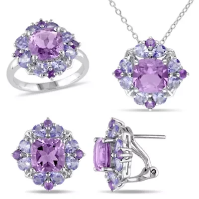 3-Pc Set of Amethyst & Tanzanite Cluster Ring, Earrings Pendant with Chain Sterling Silver