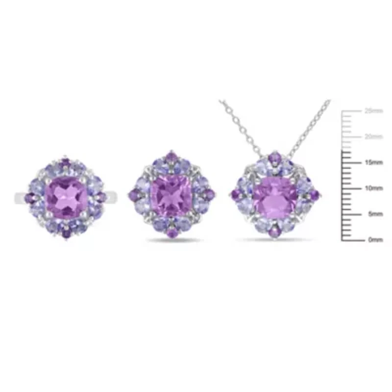 3-Pc Set of Amethyst & Tanzanite Cluster Ring, Earrings Pendant with Chain Sterling Silver