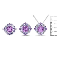 3-Pc Set of Amethyst & Tanzanite Cluster Ring, Earrings Pendant with Chain Sterling Silver