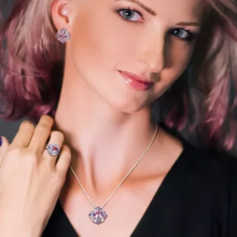 3-Pc Set of Amethyst & Tanzanite Cluster Ring, Earrings Pendant with Chain Sterling Silver