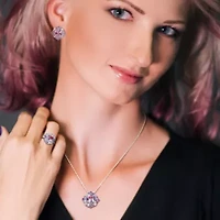 3-Pc Set of Amethyst & Tanzanite Cluster Ring, Earrings Pendant with Chain Sterling Silver