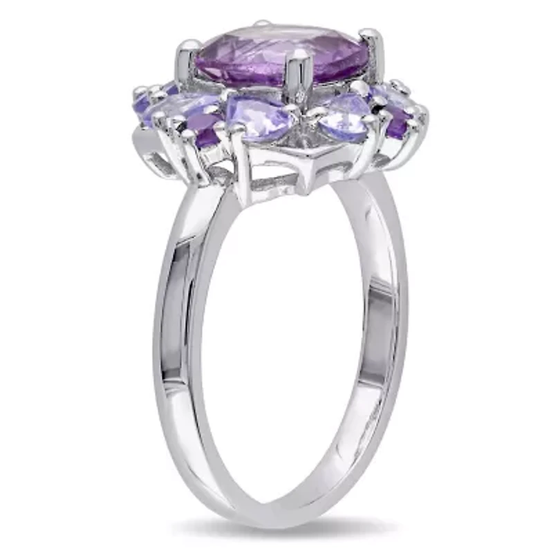 3-Pc Set of Amethyst & Tanzanite Cluster Ring, Earrings Pendant with Chain Sterling Silver
