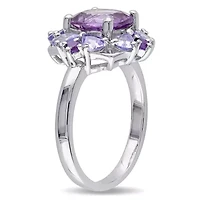 3-Pc Set of Amethyst & Tanzanite Cluster Ring, Earrings Pendant with Chain Sterling Silver
