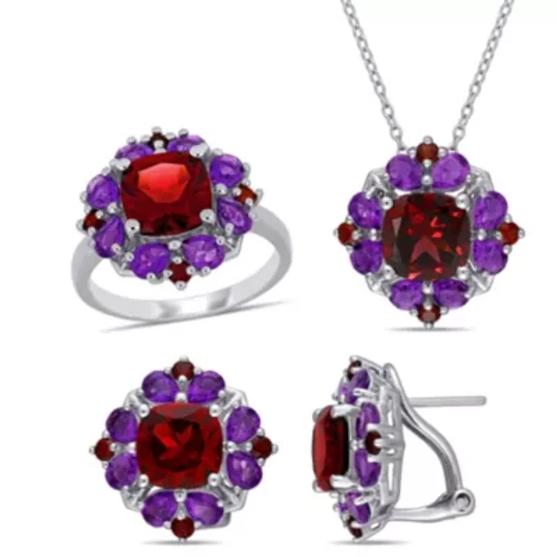 3-Pc Set of Garnet & Amethyst-Africa Cluster Ring, Earrings Pendant with Chain Sterling Silver
