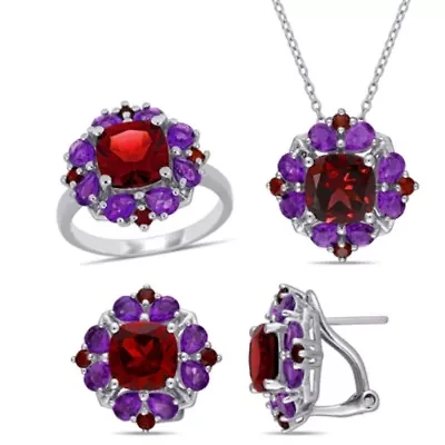 3-Pc Set of Garnet & Amethyst-Africa Cluster Ring, Earrings Pendant with Chain Sterling Silver