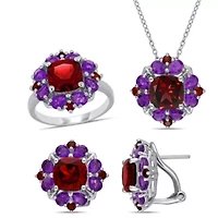 3-Pc Set of Garnet & Amethyst-Africa Cluster Ring, Earrings Pendant with Chain Sterling Silver