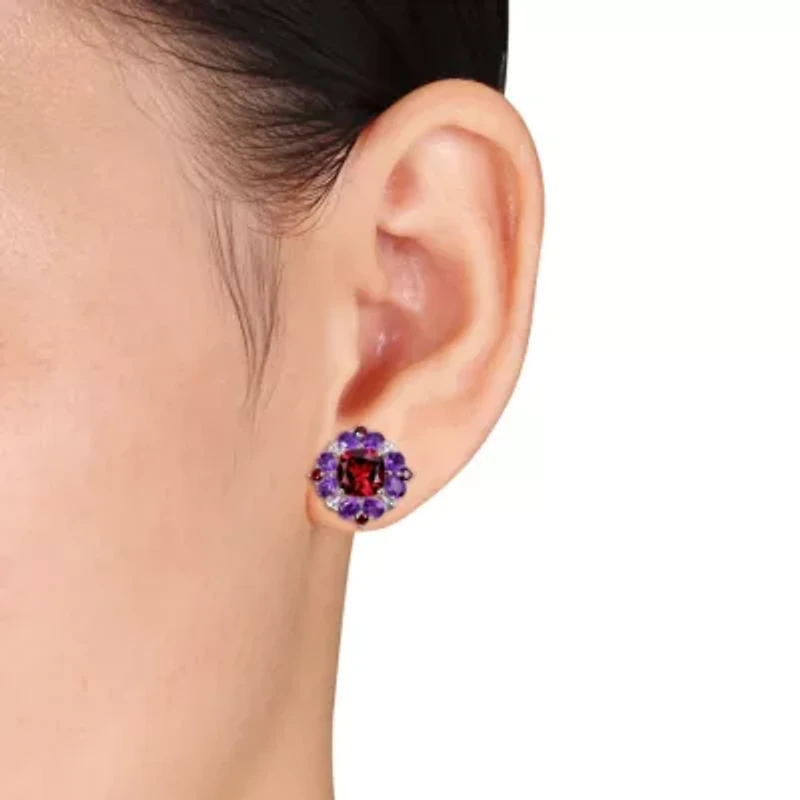 3-Pc Set of Garnet & Amethyst-Africa Cluster Ring, Earrings Pendant with Chain Sterling Silver