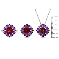 3-Pc Set of Garnet & Amethyst-Africa Cluster Ring, Earrings Pendant with Chain Sterling Silver