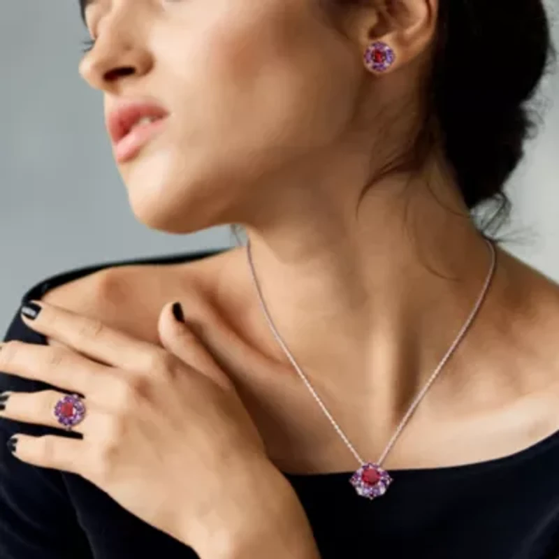 3-Pc Set of Garnet & Amethyst-Africa Cluster Ring, Earrings Pendant with Chain Sterling Silver