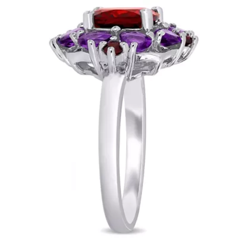 3-Pc Set of Garnet & Amethyst-Africa Cluster Ring, Earrings Pendant with Chain Sterling Silver