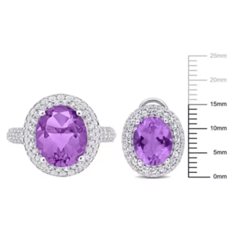 2-Pc Set of Amethyst & White Topaz Double Halo Ring Earrings Sterling Silver