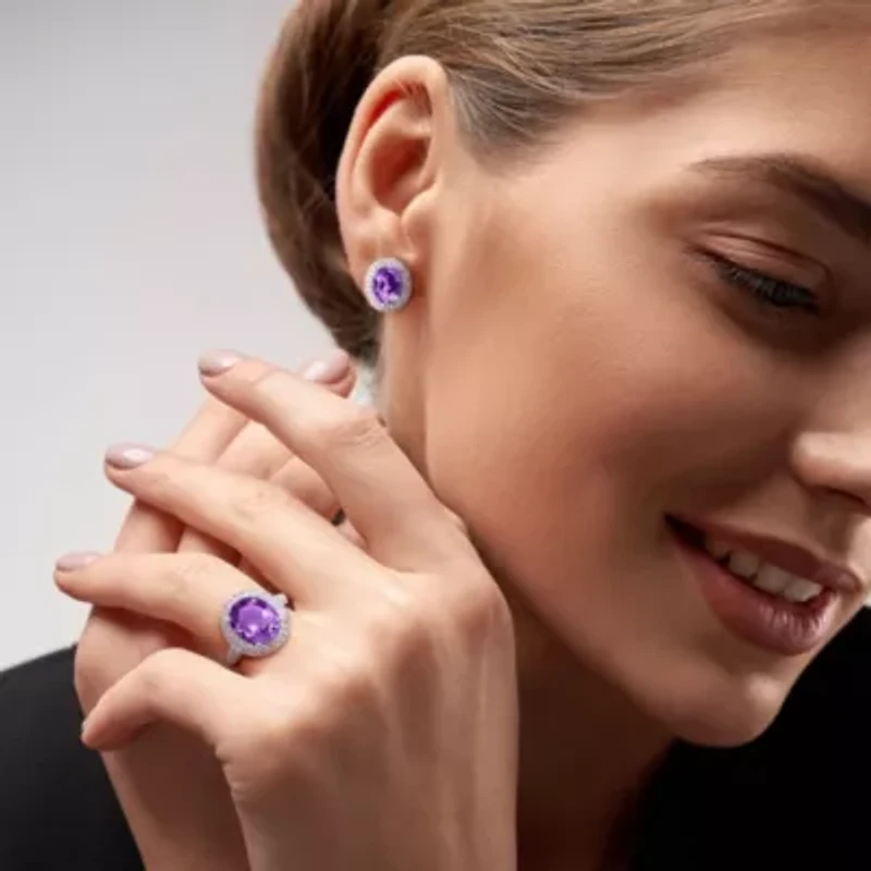 2-Pc Set of Amethyst & White Topaz Double Halo Ring Earrings Sterling Silver