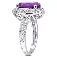 2-Pc Set of Amethyst & White Topaz Double Halo Ring Earrings Sterling Silver