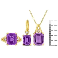 3-Pc Set of Amethyst & White Topaz Ring, Earrings Pendant with Chain Yellow Plated Sterling Silver