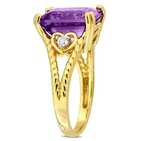 3-Pc Set of Amethyst & White Topaz Ring, Earrings Pendant with Chain Yellow Plated Sterling Silver