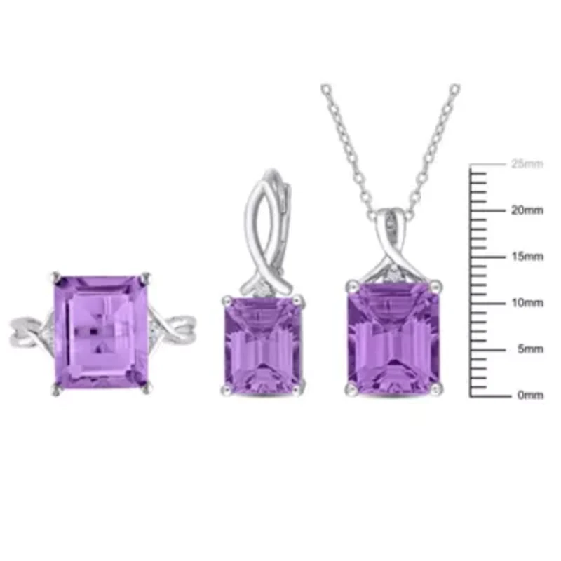 3-Pc Set of Amethyst & White Topaz Twisted Ring, Earrings Pendant with Chain Sterling Silver