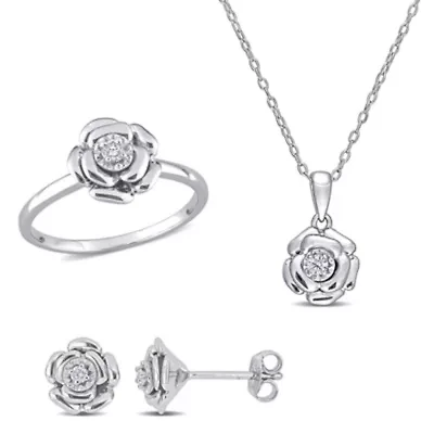 3-Pc Set of 1/6 ct. t.w. Diamond Flower Ring, Earrings & Pendant with Chain Sterling Silver