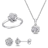 3-Pc Set of 1/6 ct. t.w. Diamond Flower Ring, Earrings & Pendant with Chain Sterling Silver