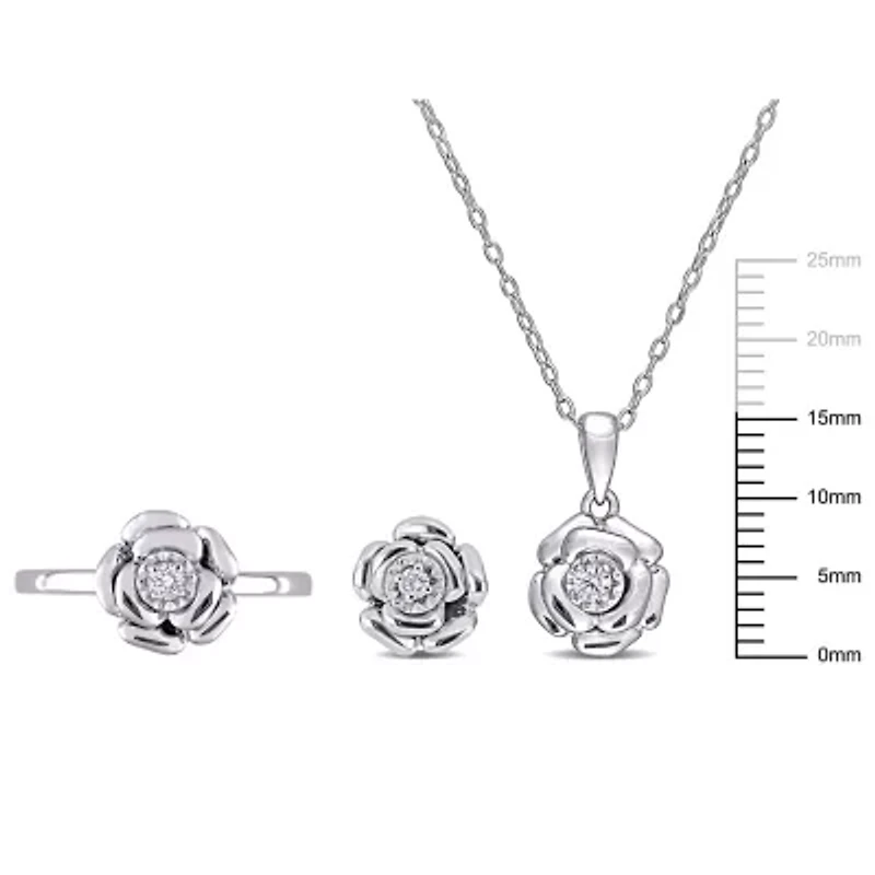 3-Pc Set of 1/6 ct. t.w. Diamond Flower Ring, Earrings & Pendant with Chain Sterling Silver