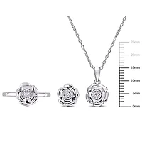 3-Pc Set of 1/6 ct. t.w. Diamond Flower Ring, Earrings & Pendant with Chain Sterling Silver
