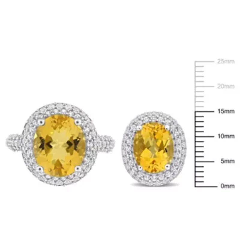 2-Pc Set of Citrine & White Topaz Double Halo Ring Earrings Sterling Silver