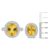 2-Pc Set of Citrine & White Topaz Double Halo Ring Earrings Sterling Silver