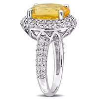 2-Pc Set of Citrine & White Topaz Double Halo Ring Earrings Sterling Silver