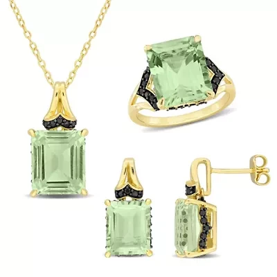 3-Pc Set of Green Quartz & Black Sapphire Ring, Earrings Pendant with Chain Yellow Plated Sterling Silver