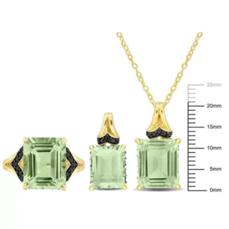 3-Pc Set of Green Quartz & Black Sapphire Ring, Earrings Pendant with Chain Yellow Plated Sterling Silver