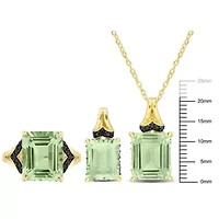 3-Pc Set of Green Quartz & Black Sapphire Ring, Earrings Pendant with Chain Yellow Plated Sterling Silver