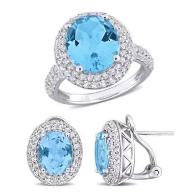2-Pc Set of Sky Blue & White Topaz Double Halo Ring Earrings Sterling Silver